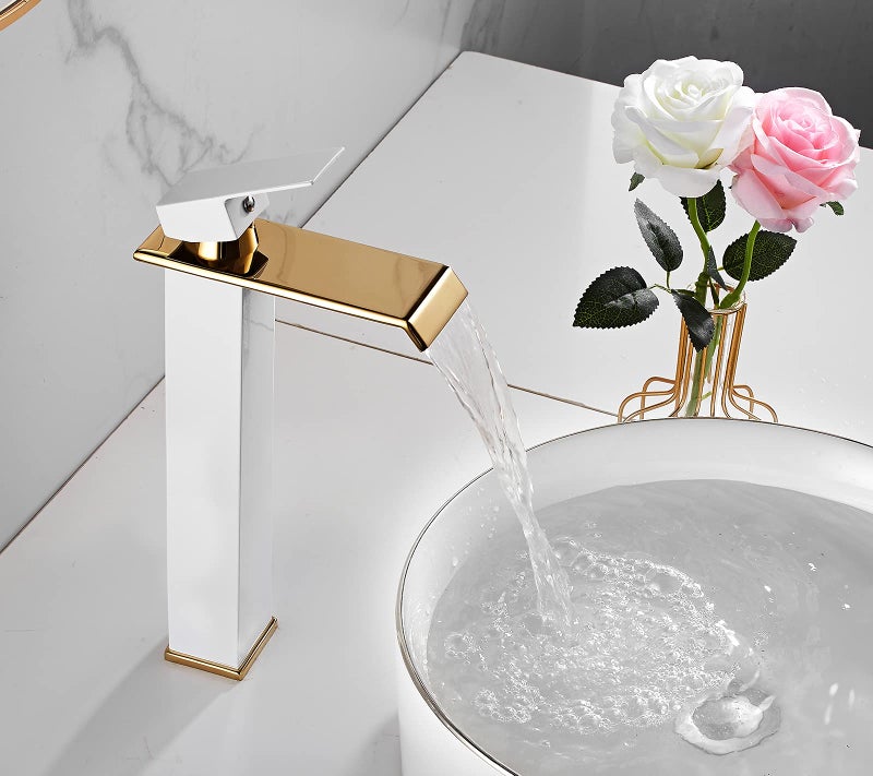YCCUZA Bathroom Vessel Sink Faucet White Gold Waterfall Single Handle One Hole Bowl Sink Faucet Vanity Lavatory Faucets Tall Bath Deck Mount Basin Tap Supply Lines Hose Commercial - Image 5